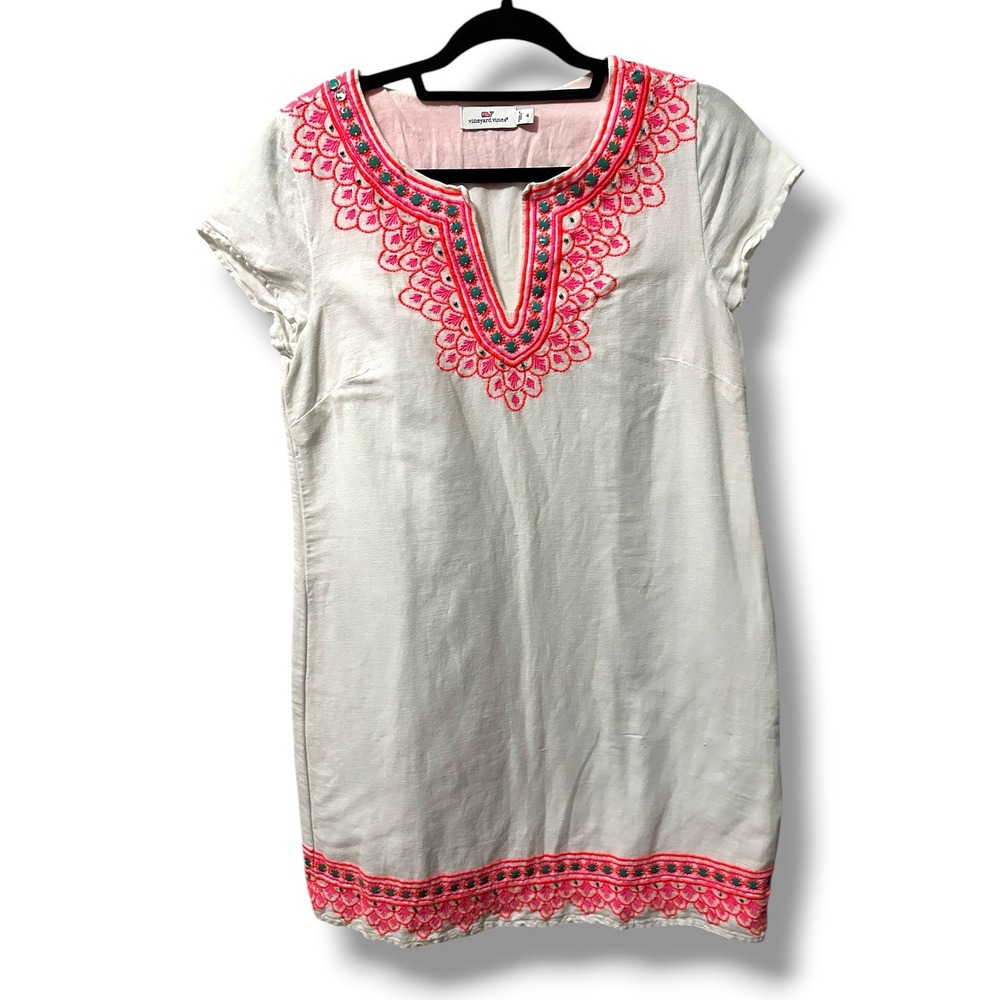 Vineyard Vines Linen Blend Island Embroidered Dress White 4 Preppy Vacation